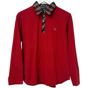 TOMMY HILFIGER Long Sleeve Polo Shirt Womens S/M Red Stripe Collar Pique Knit